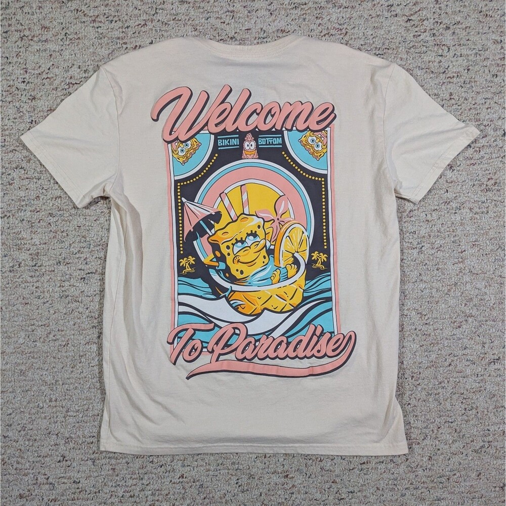 Spongebob Squarepants T-Shirt Welcome To Paradise Mens L Cream Good Vibes Only